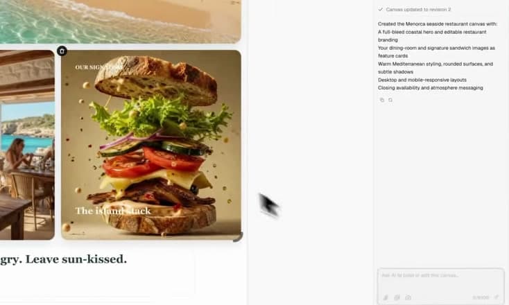 A Mediterranean restaurant canvas generated by Sparks beside its conversation panel